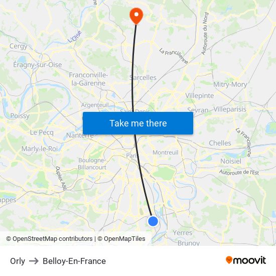 Orly to Belloy-En-France map