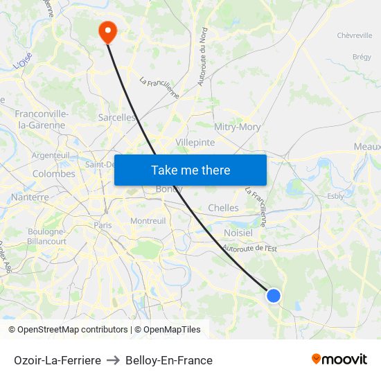 Ozoir-La-Ferriere to Belloy-En-France map