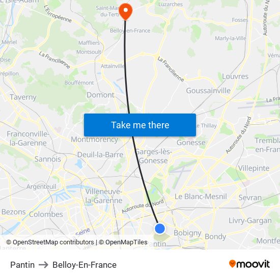Pantin to Belloy-En-France map