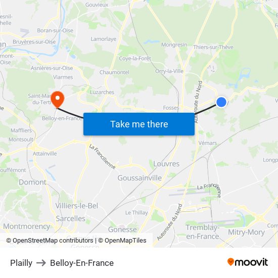 Plailly to Belloy-En-France map