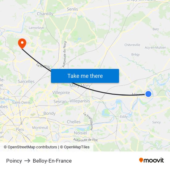 Poincy to Belloy-En-France map