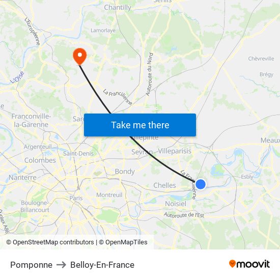 Pomponne to Belloy-En-France map