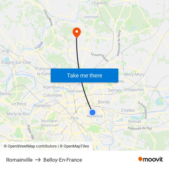 Romainville to Belloy-En-France map