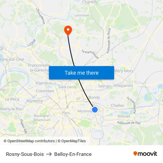 Rosny-Sous-Bois to Belloy-En-France map