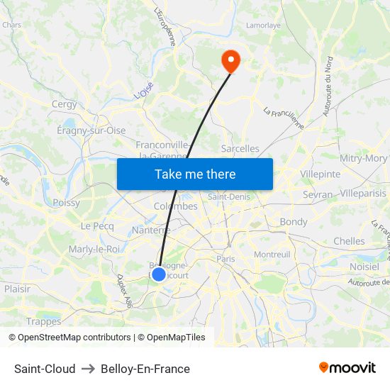Saint-Cloud to Belloy-En-France map