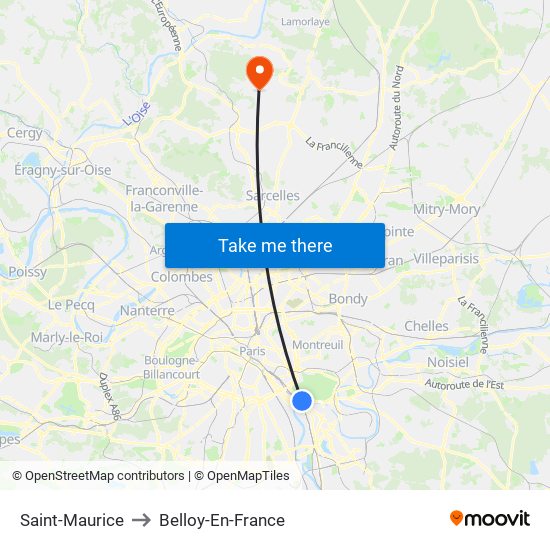 Saint-Maurice to Belloy-En-France map