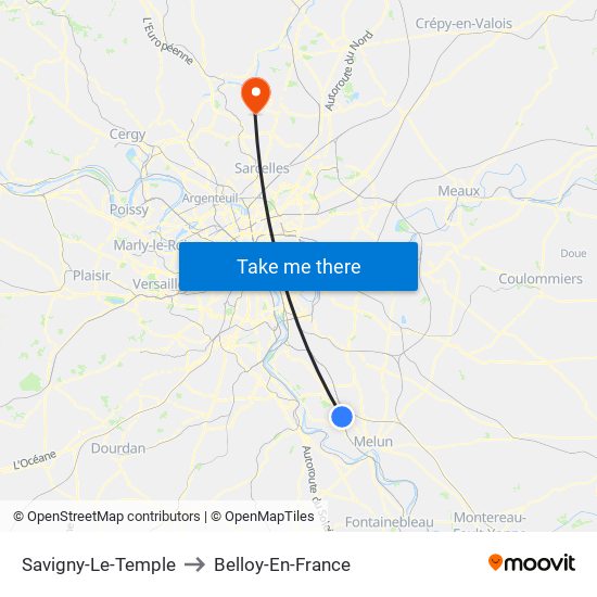 Savigny-Le-Temple to Belloy-En-France map