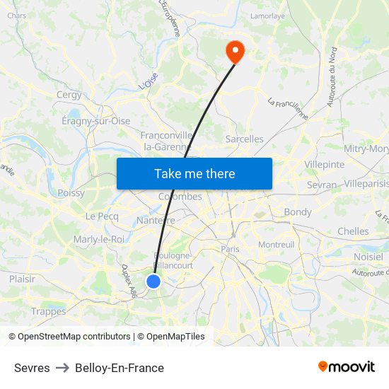 Sevres to Belloy-En-France map