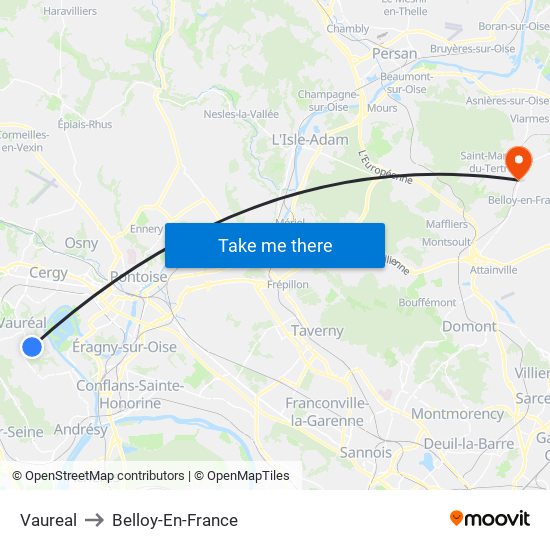 Vaureal to Belloy-En-France map