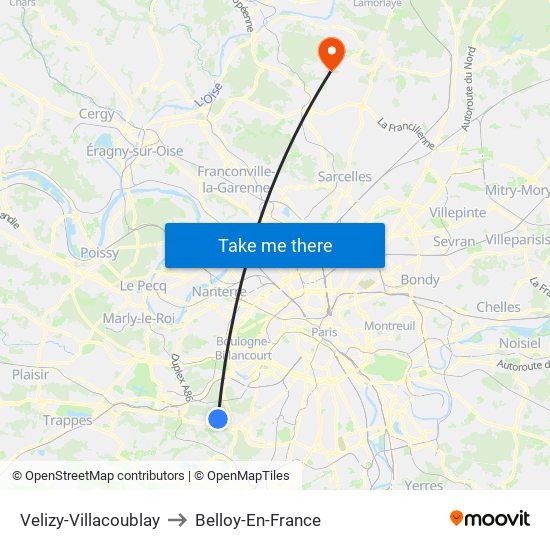 Velizy-Villacoublay to Belloy-En-France map