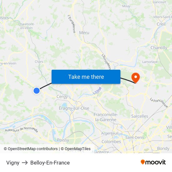 Vigny to Belloy-En-France map