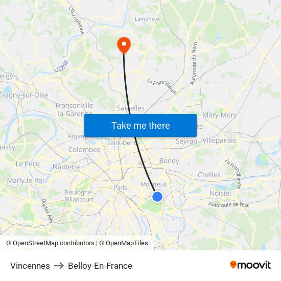 Vincennes to Belloy-En-France map