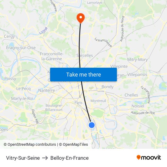 Vitry-Sur-Seine to Belloy-En-France map