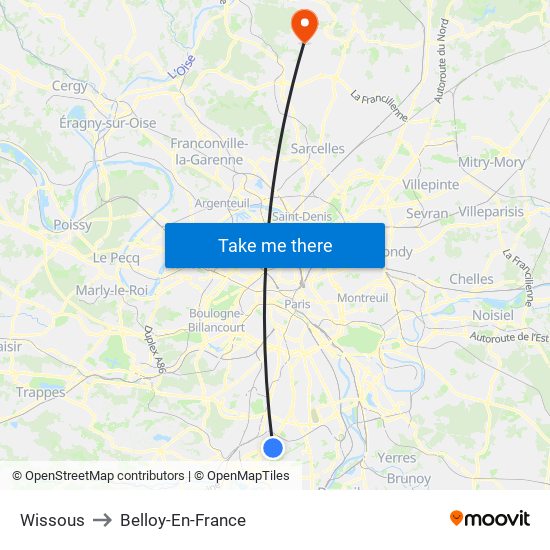 Wissous to Belloy-En-France map