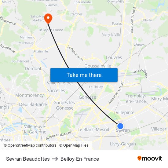 Sevran Beaudottes to Belloy-En-France map