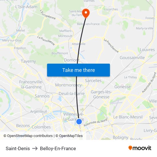 Saint-Denis to Belloy-En-France map