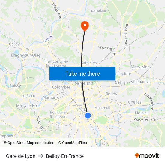 Gare de Lyon to Belloy-En-France map