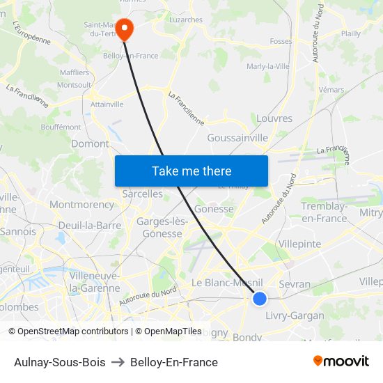 Aulnay-Sous-Bois to Belloy-En-France map