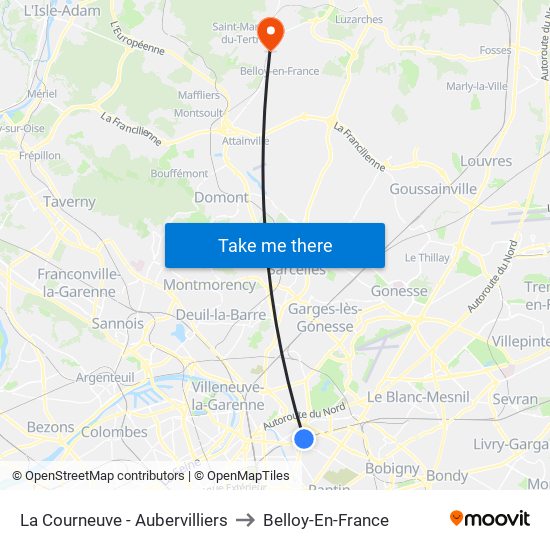 La Courneuve - Aubervilliers to Belloy-En-France map