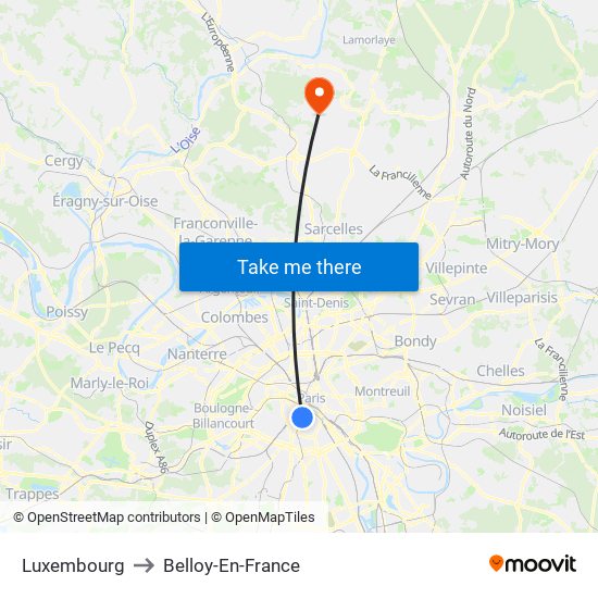Luxembourg to Belloy-En-France map