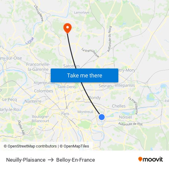 Neuilly-Plaisance to Belloy-En-France map