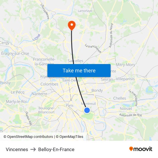 Vincennes to Belloy-En-France map