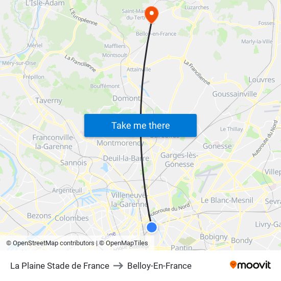 La Plaine Stade de France to Belloy-En-France map