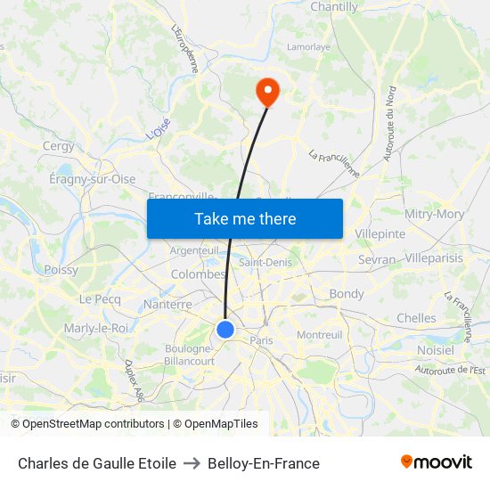 Charles de Gaulle Etoile to Belloy-En-France map