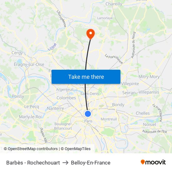 Barbès - Rochechouart to Belloy-En-France map