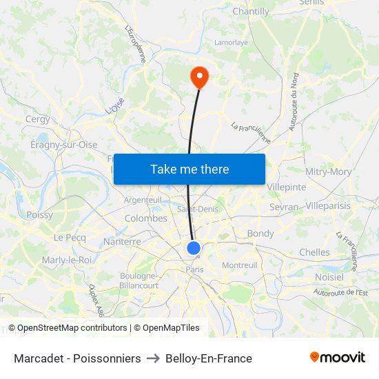 Marcadet - Poissonniers to Belloy-En-France map