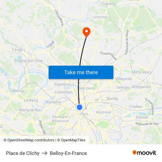 Place de Clichy to Belloy-En-France map