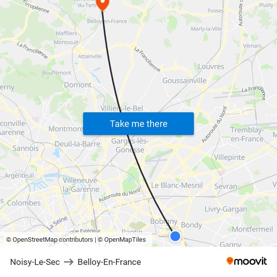 Noisy-Le-Sec to Belloy-En-France map