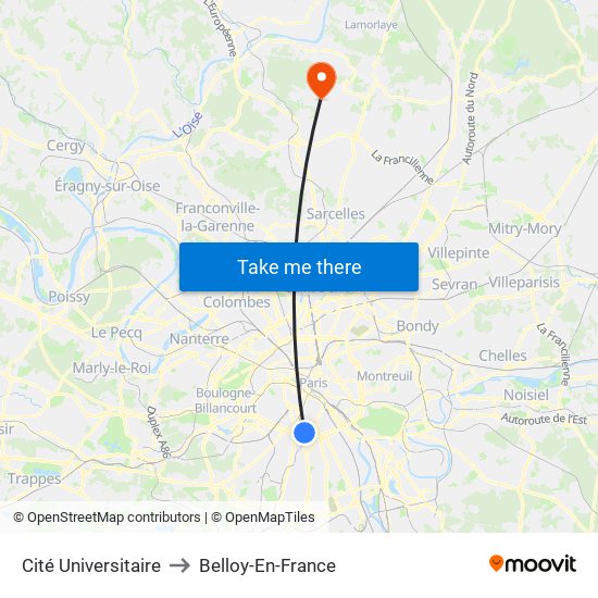 Cité Universitaire to Belloy-En-France map