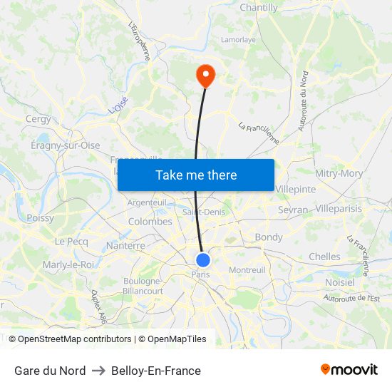 Gare du Nord to Belloy-En-France map