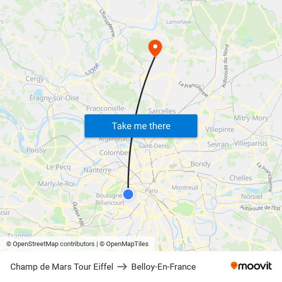 Champ de Mars Tour Eiffel to Belloy-En-France map