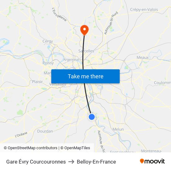 Gare Évry Courcouronnes to Belloy-En-France map