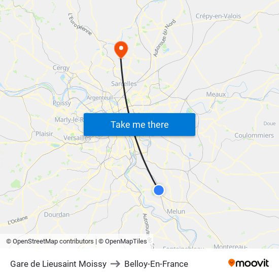 Gare de Lieusaint Moissy to Belloy-En-France map