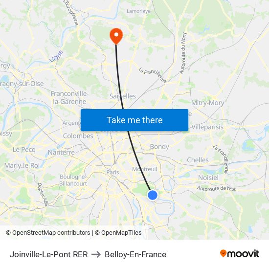 Joinville-Le-Pont RER to Belloy-En-France map