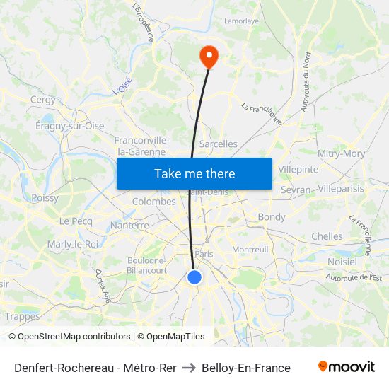 Denfert-Rochereau - Métro-Rer to Belloy-En-France map