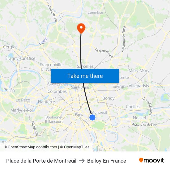 Place de la Porte de Montreuil to Belloy-En-France map