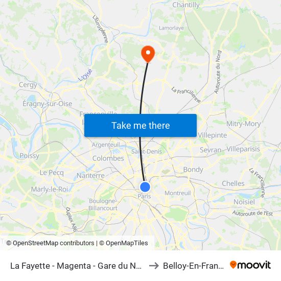 La Fayette - Magenta - Gare du Nord to Belloy-En-France map