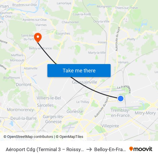 Aéroport Cdg (Terminal 3 – Roissypôle) to Belloy-En-France map