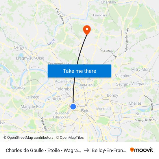 Charles de Gaulle - Étoile - Wagram to Belloy-En-France map