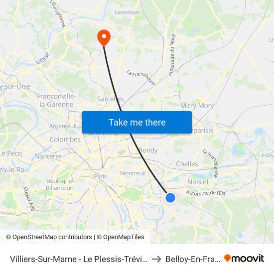 Villiers-Sur-Marne - Le Plessis-Trévise RER to Belloy-En-France map