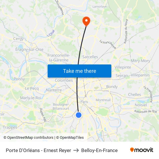 Porte D'Orléans - Ernest Reyer to Belloy-En-France map