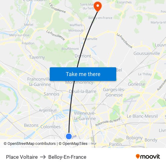 Place Voltaire to Belloy-En-France map