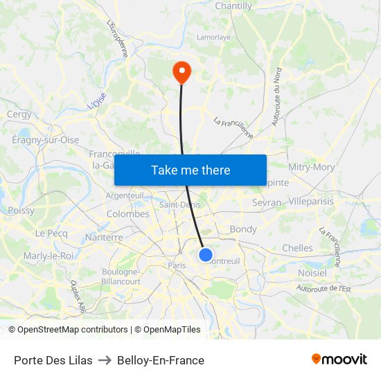 Porte Des Lilas to Belloy-En-France map