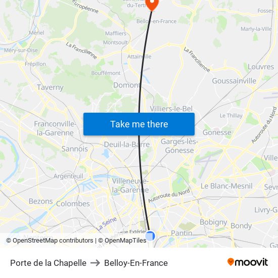 Porte de la Chapelle to Belloy-En-France map