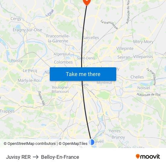 Juvisy RER to Belloy-En-France map