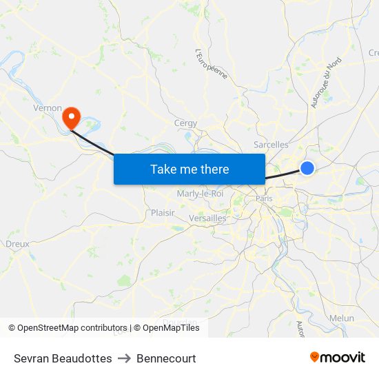 Sevran Beaudottes to Bennecourt map